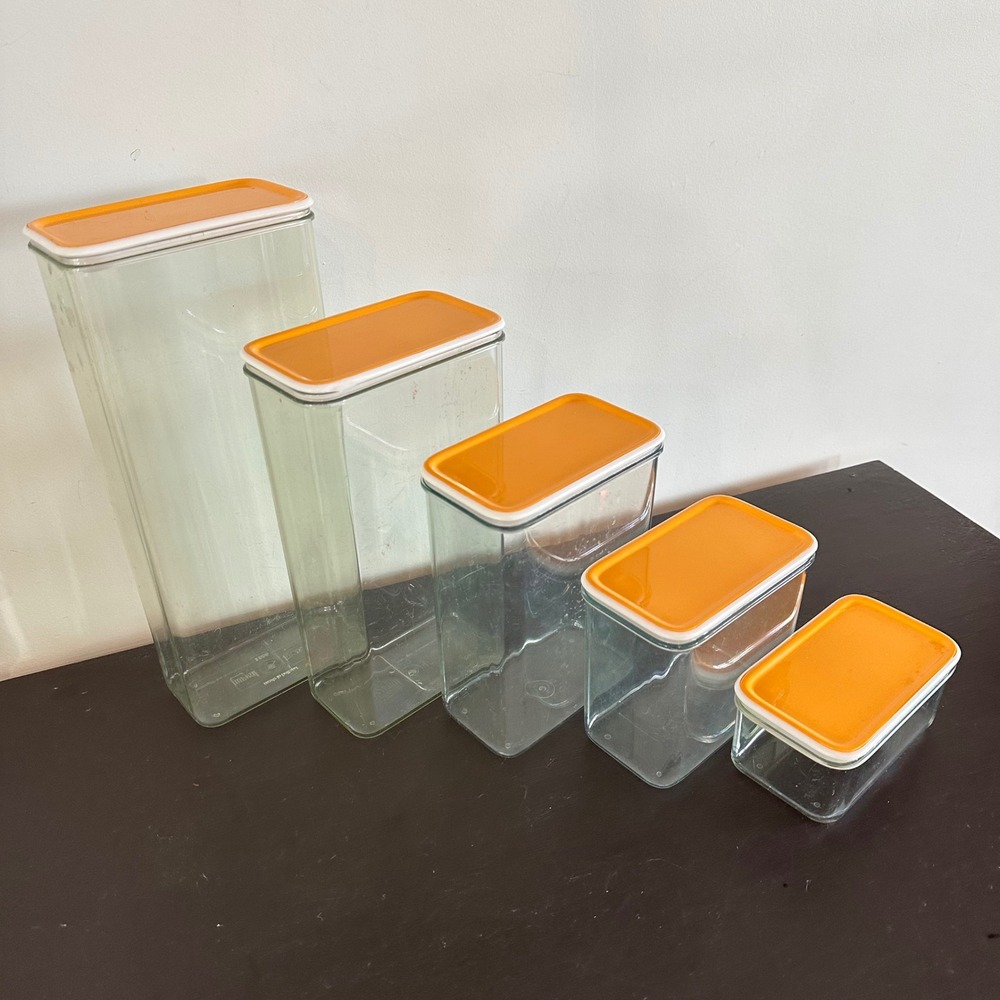 Vintage Mepal Rosti Holland 5 Piece Canister Set Orange Lids Retro 70s Storage